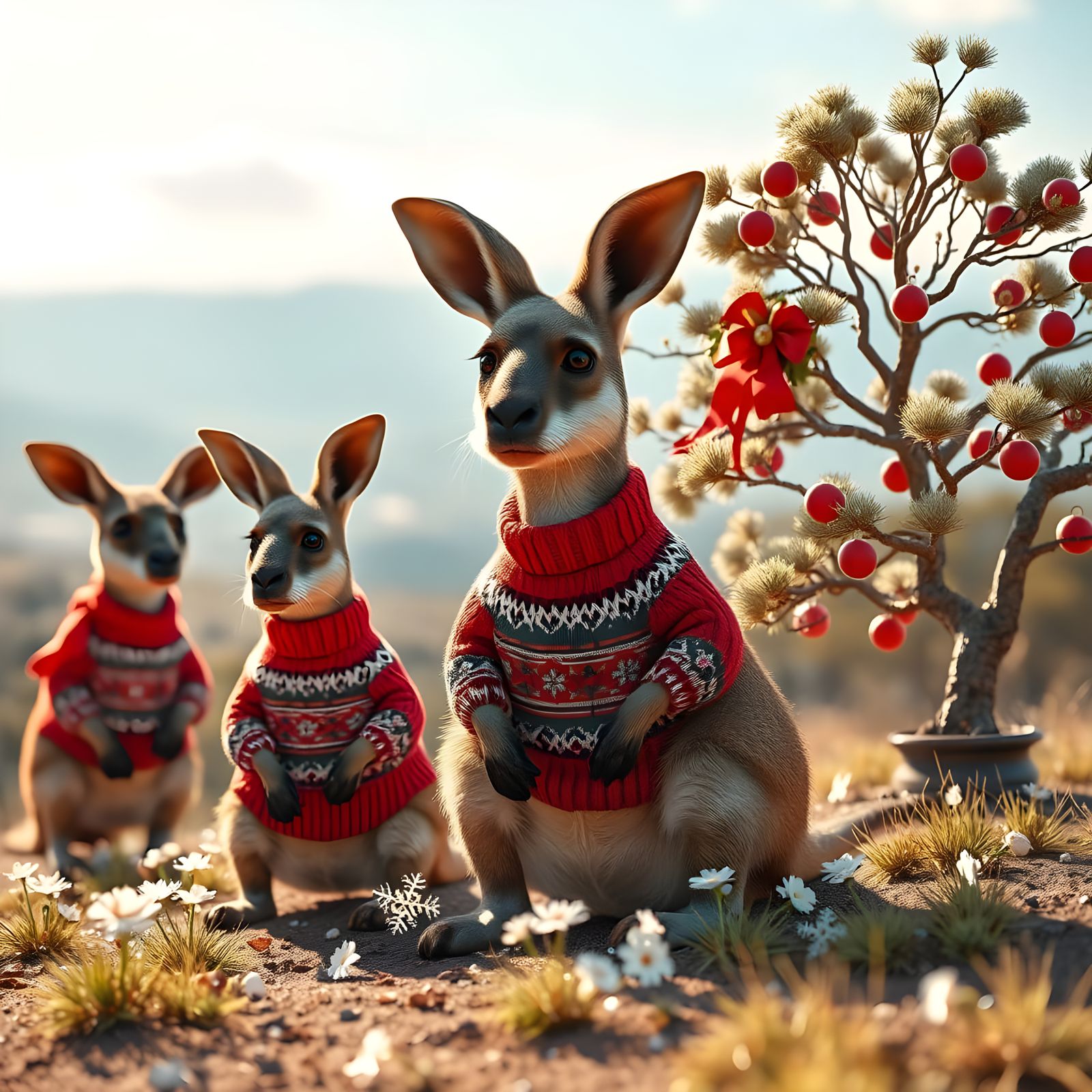 Cute Kangaroo Family Christmas Picnic in Australian Landscap...