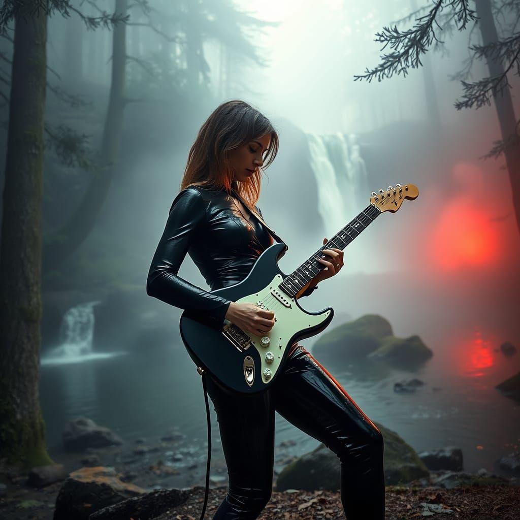Guitarist in Misty Forest with Waterfall