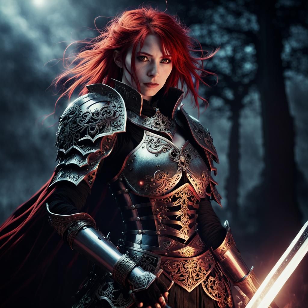 Red-Haired Vampire Commander on Battlefield, Anime Art