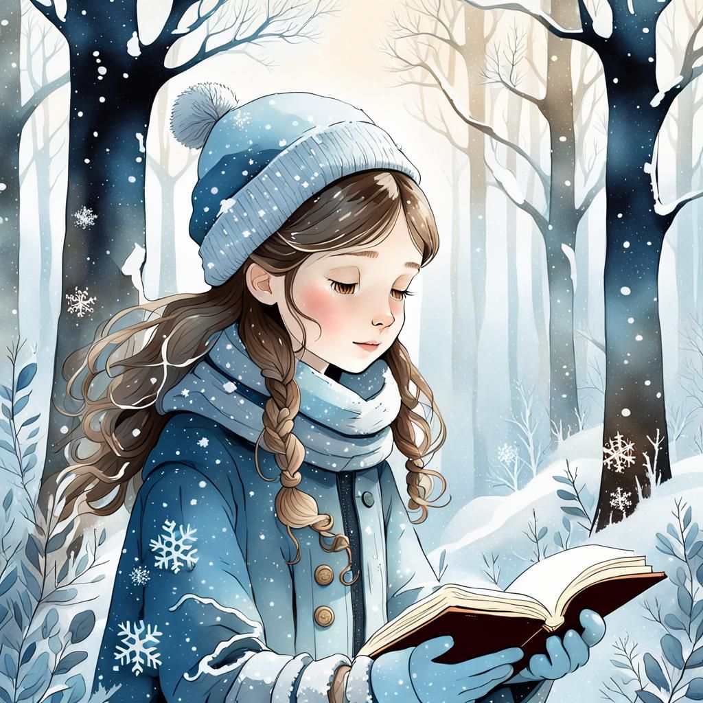 Enchanting Girl Reading in Snowy Forest, Watercolor Style