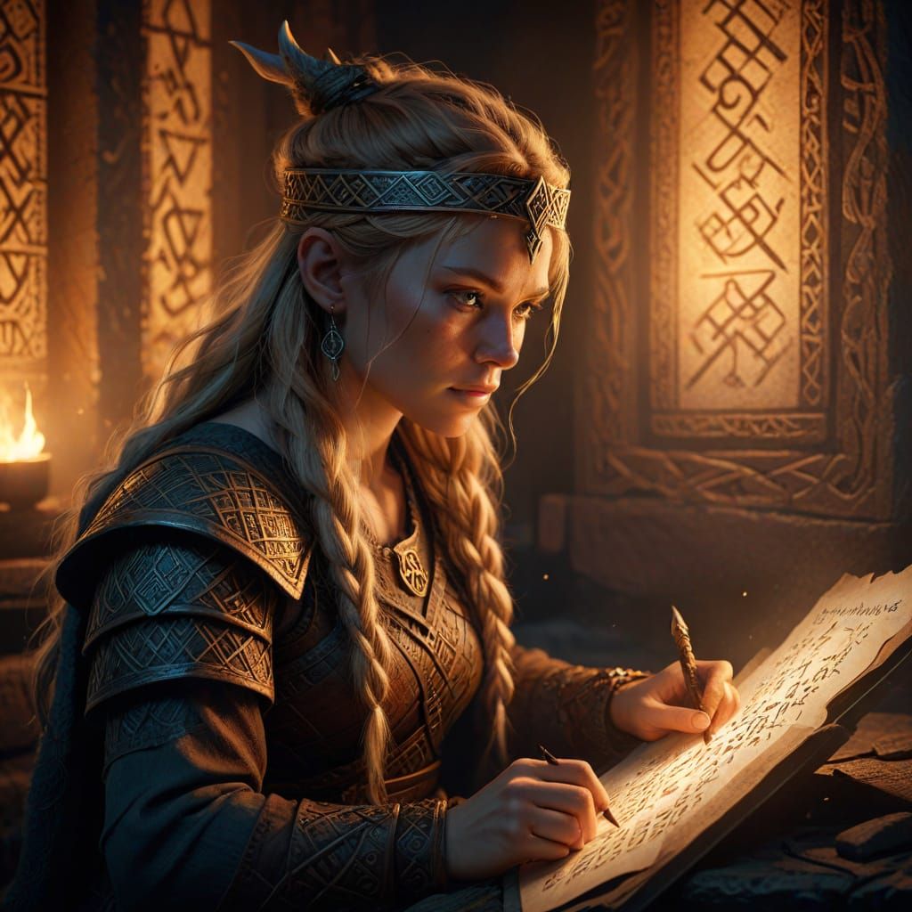 Viking Woman Studying Runes in Torchlit Chamber