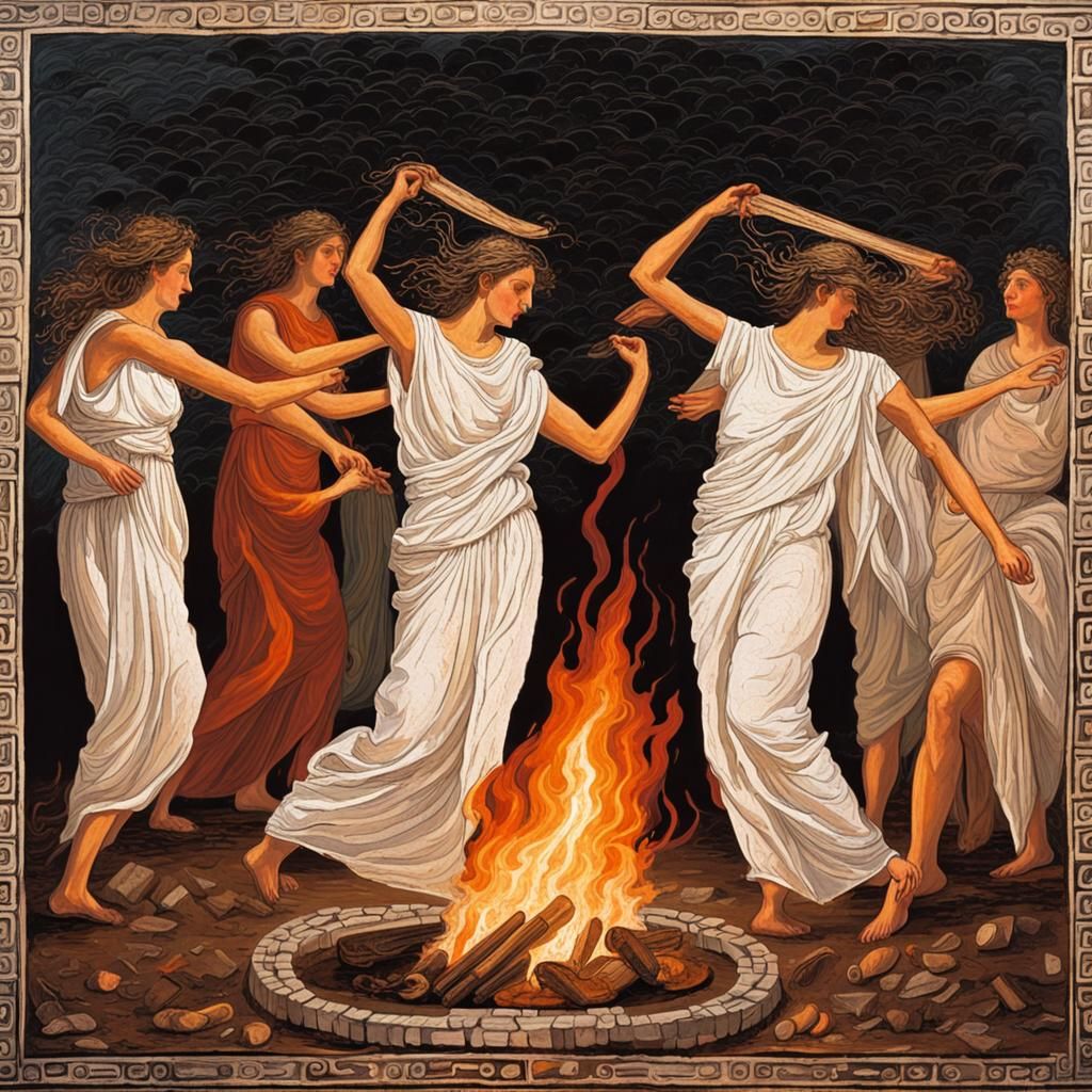 A blazing high ritual bonfire at night and ancient Greek wom...