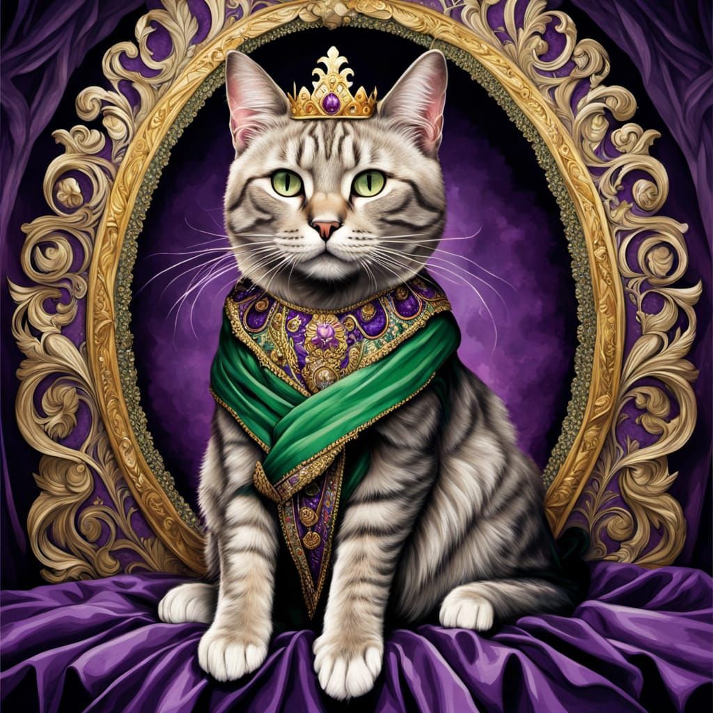 Whimsical Feline Royalty in Mardi Gras Splendor