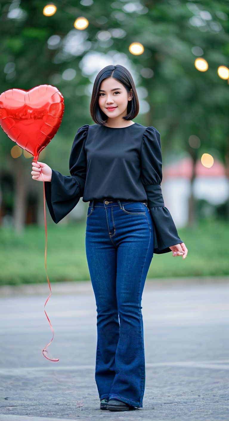 Thai Woman Holding Heart Balloon in Bokeh Photography
