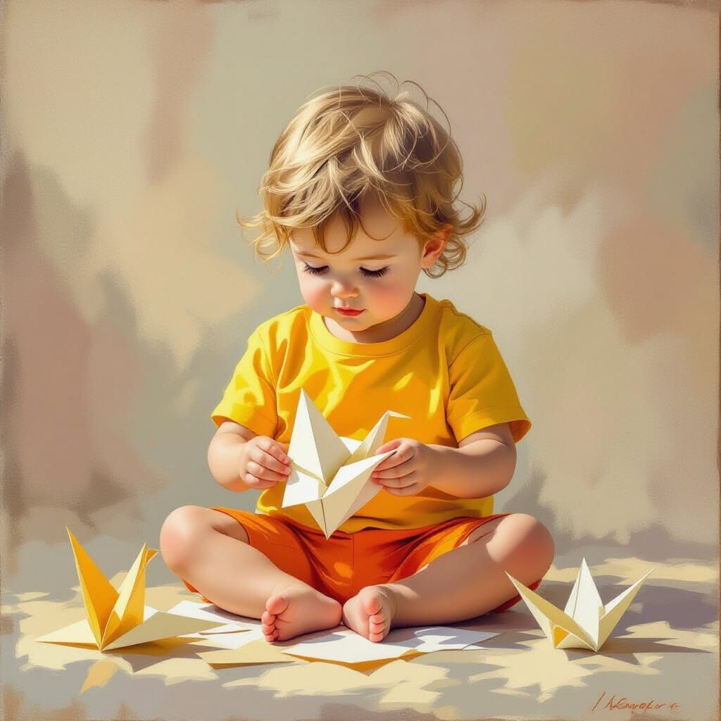 Toddler Folds Origami Crane: Impressionist Style