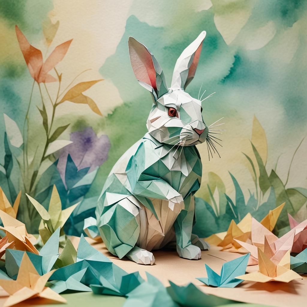 Whimsical Watercolor Rabbit in Origami Warren
