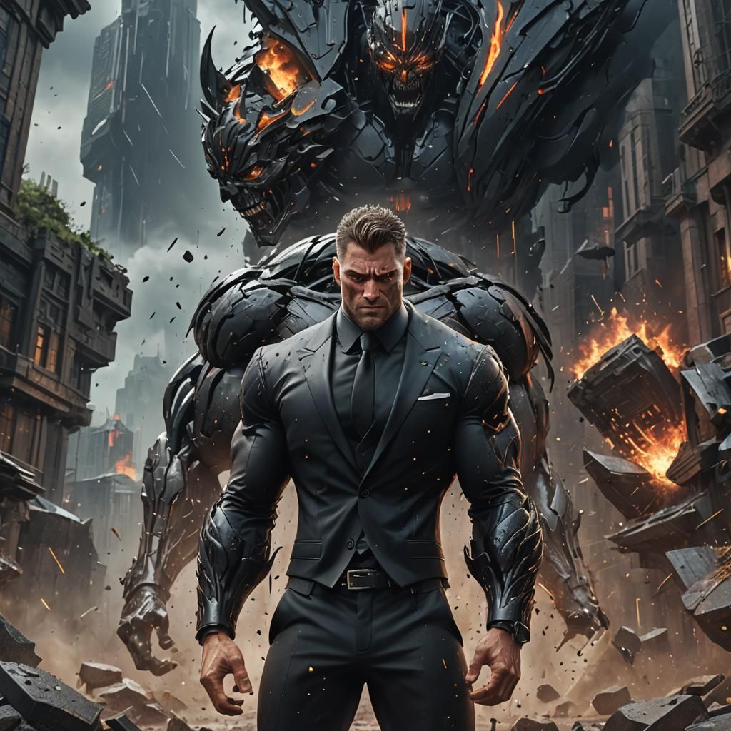 Muscular Man in Black Suit Crying