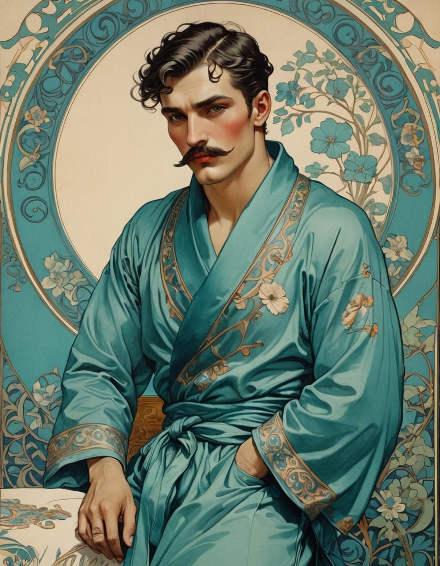 Handsome Man in Silk Robe, Art Nouveau Lithograph