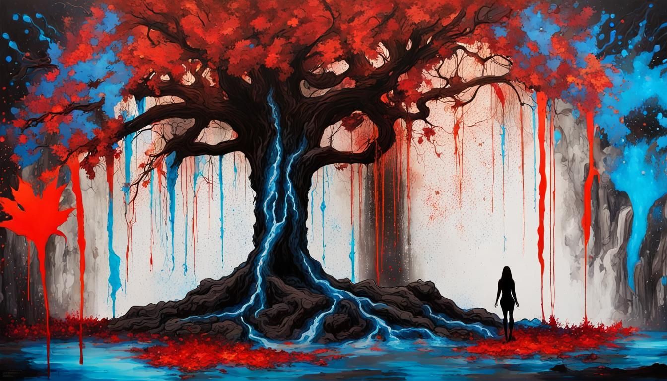 Ink Splatter: Ancient Tree by Magic Waterfall