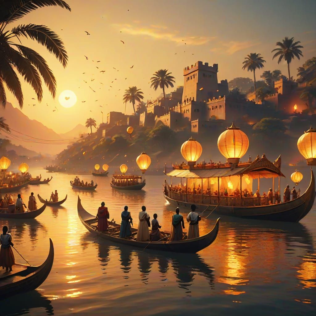 Nile River Celebration in Fantasy Matte Painting Style
