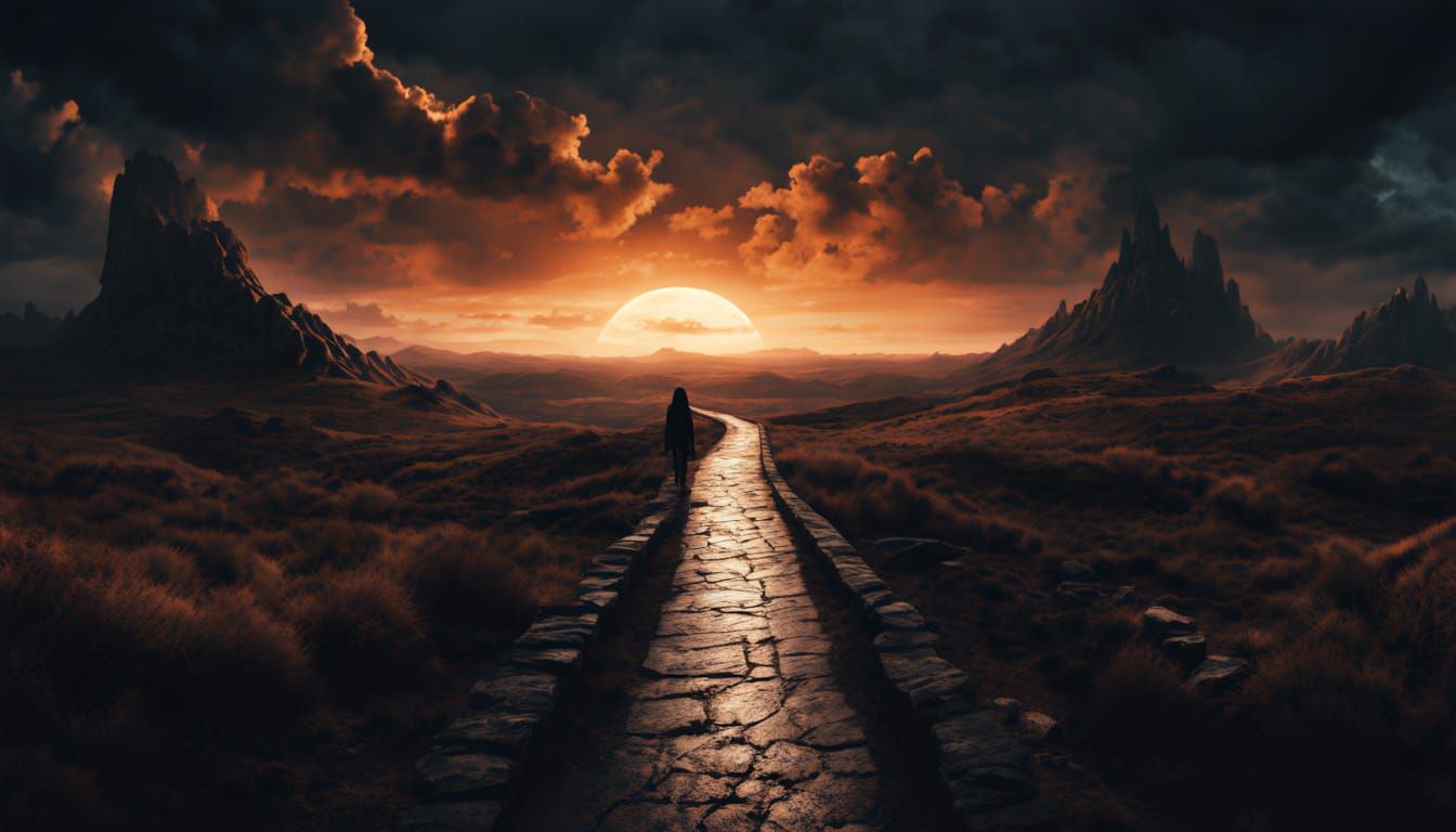 Figure Standing at the Edge of a Diverging Pathway in a Hype...