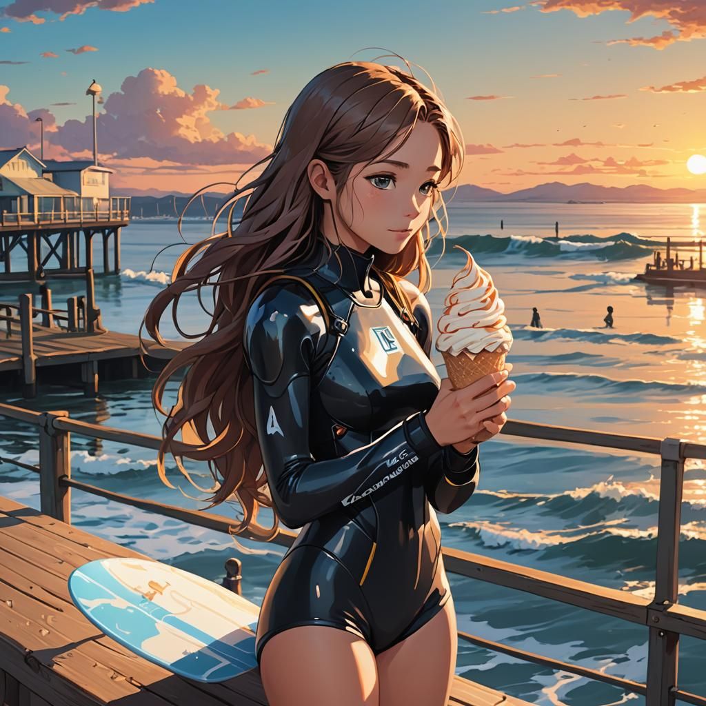 Anime Surfer on Pier at Sunset