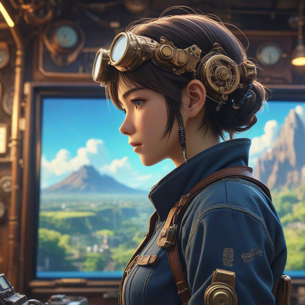 Steampunk Anime Character Views Digital Screen