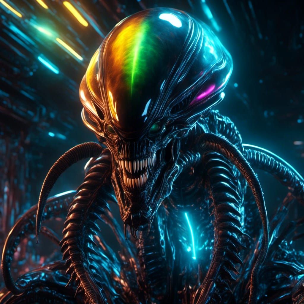 Bioluminescent Xenomorph Starship, Detailed Digital Art