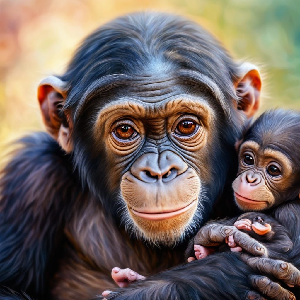 Loving Chimpanzee Mother and Baby Portrait
