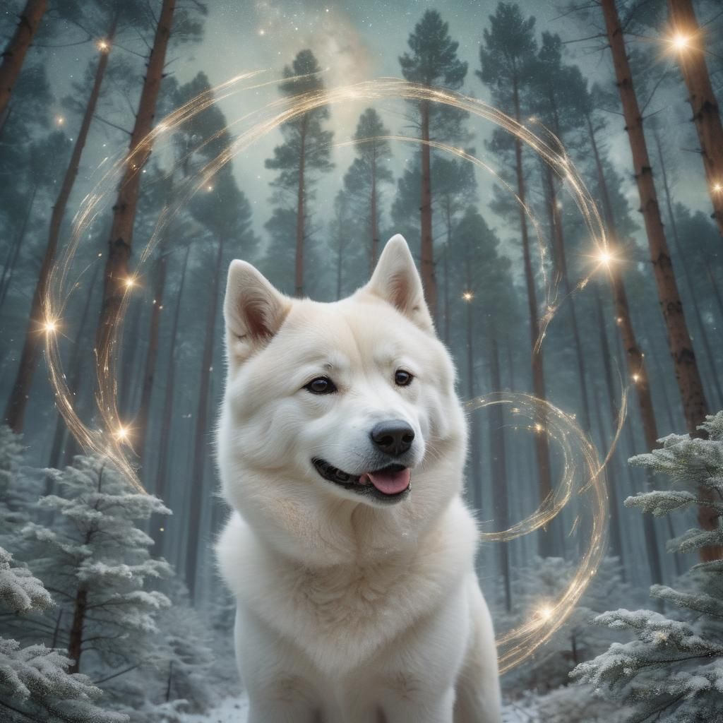 Ethereal Jindo Dog Portrait in Starry Forest