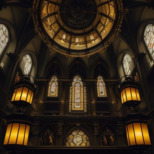 Priests Lighting Lantern in Church Interior