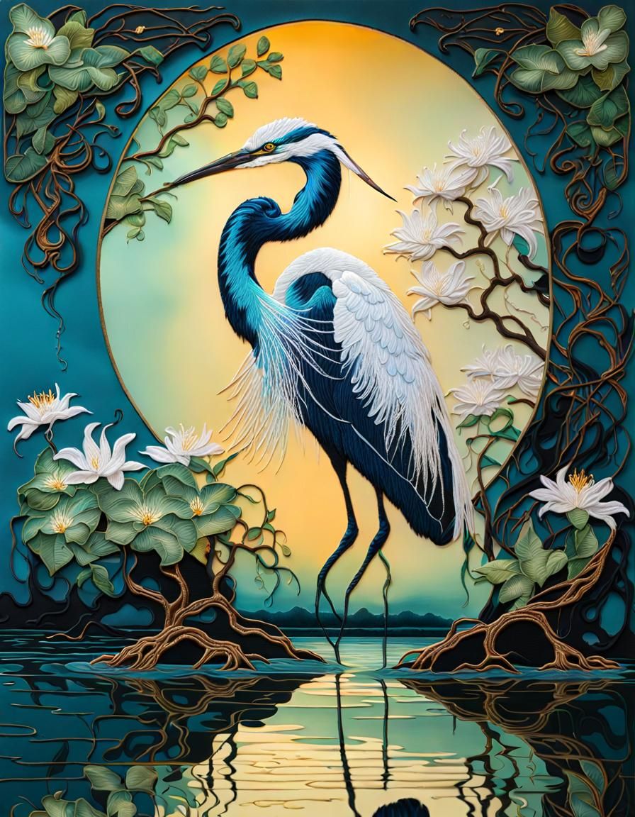 Ornate Heron Embroidery in Art Nouveau Style
