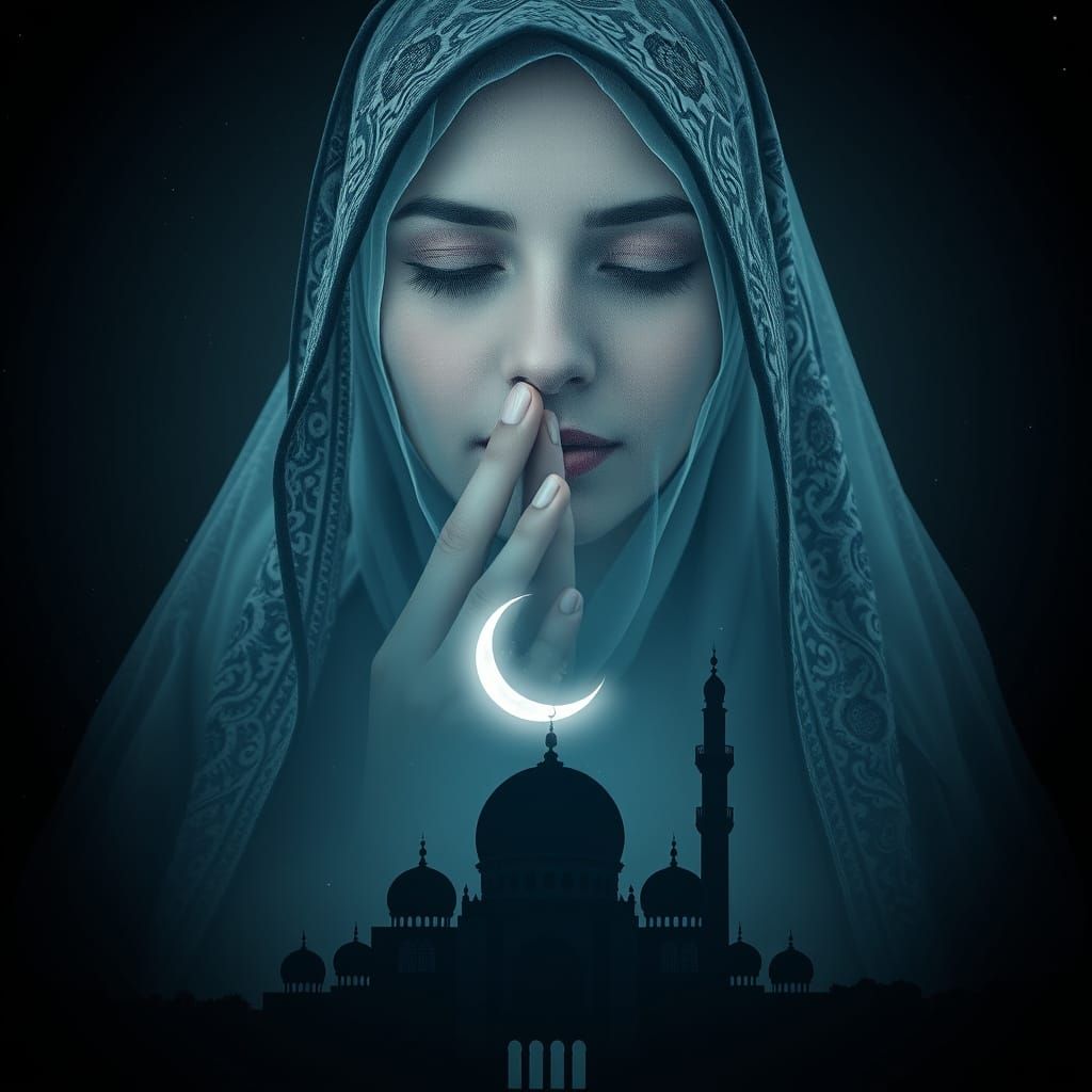 Ethereal Veiled Lady in Crescent Moonlit Mosque
