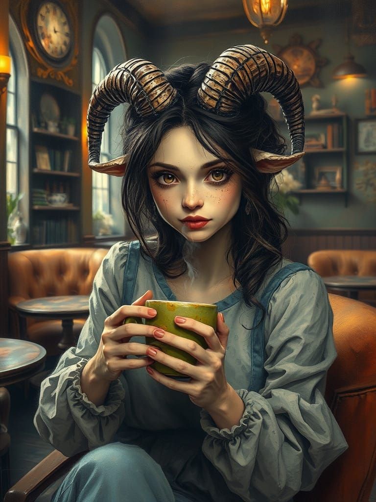 Whimsical Woman in Enchanted Coffee Shop