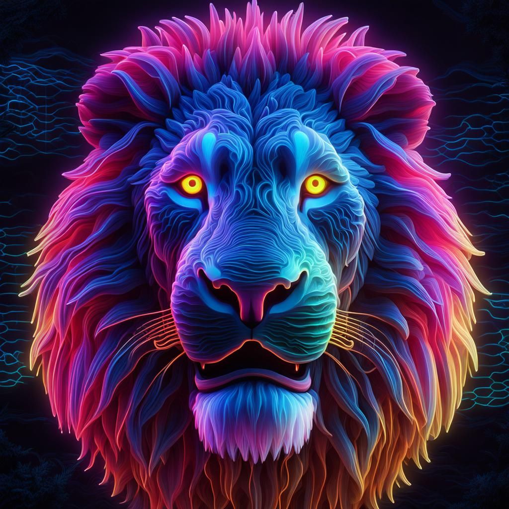 Bioluminescent Lion: 3D Render in Neon Colors