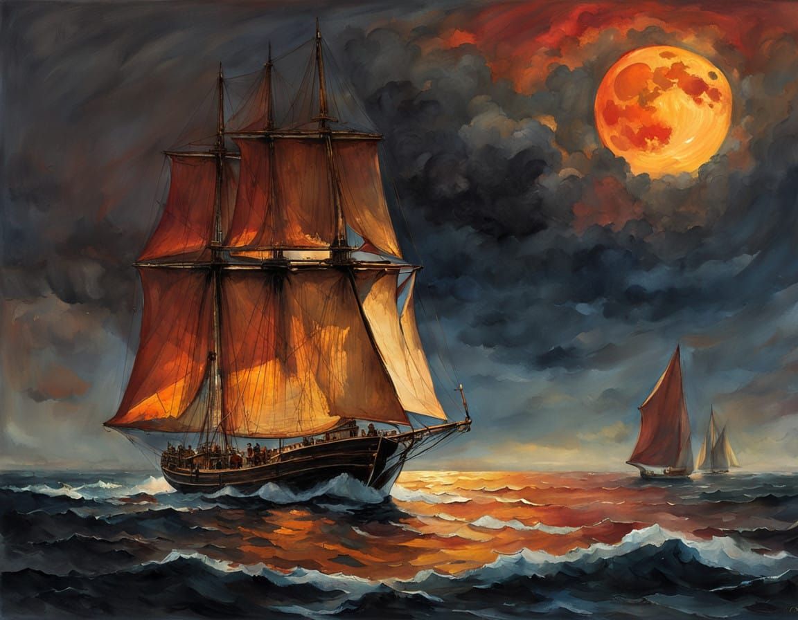 Majestic Schooner Under Golden Sunset on Darkening Sea