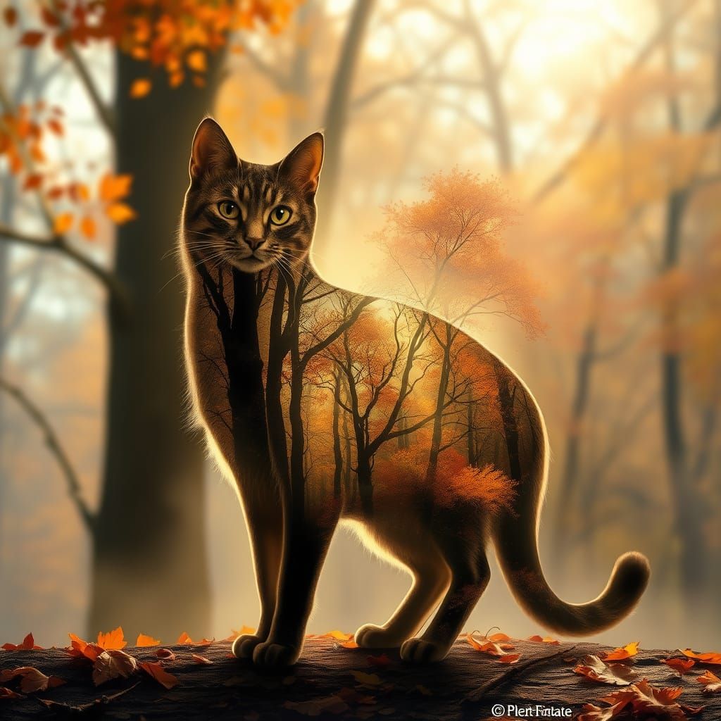 Enchanted Cat Silhouette in Autumn Forest