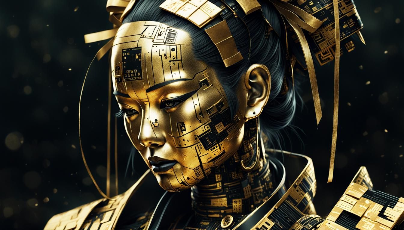 Golden Geisha Android in Post-Apocalyptic Scrapyard