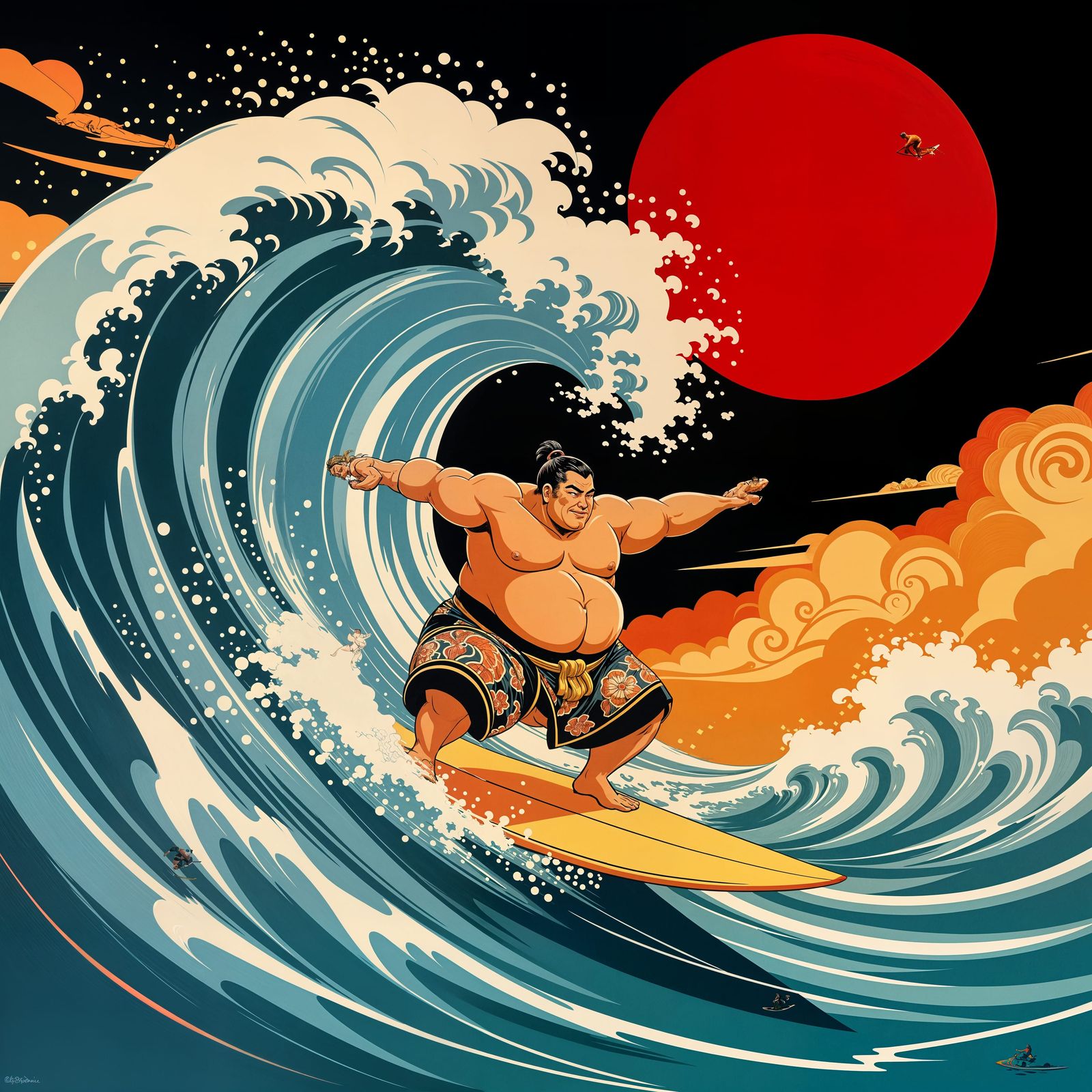 Art Deco Sumo Wrestler Surfs Giant Wave Under Red Sun