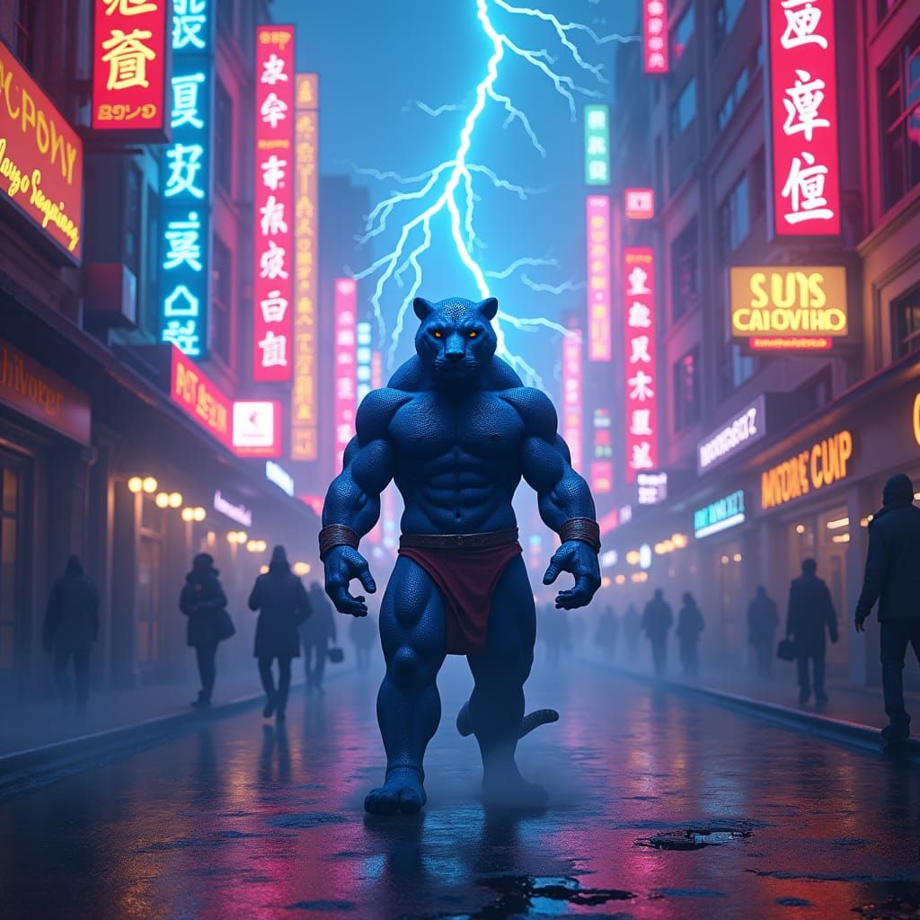 Blue Jaguar-Man in Neon Cityscape, Fantasy Art