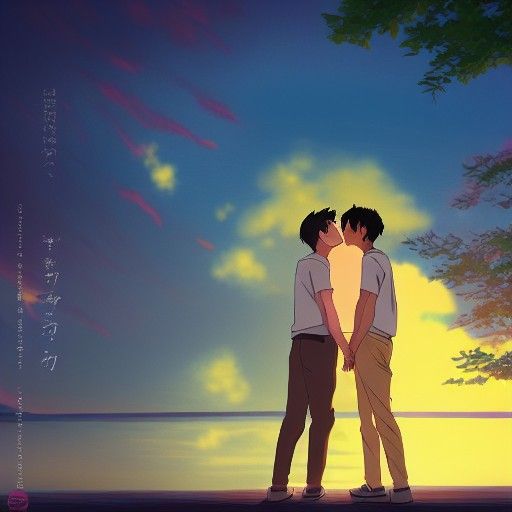 Gay Lovers Kissing at Sunset in Anime Style