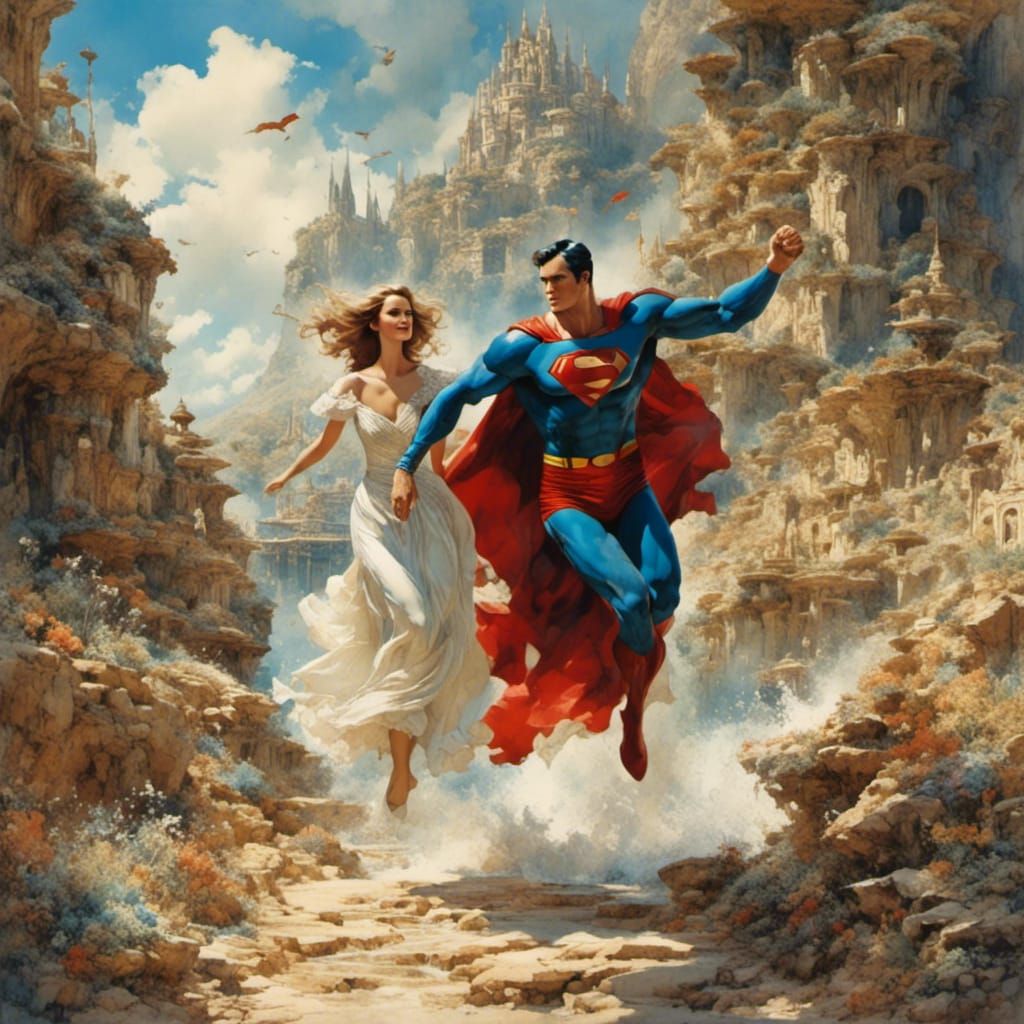 Superman and Lois Lane Honeymoon in Watercolor Style
