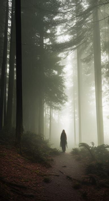 Cobweb Woman in Dark Forest, Dramatic Lighting