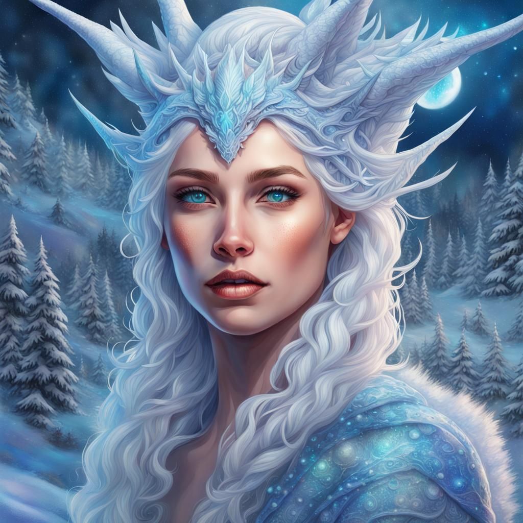 Winter Dragon Snow Queen Portrait in Cosmic Style