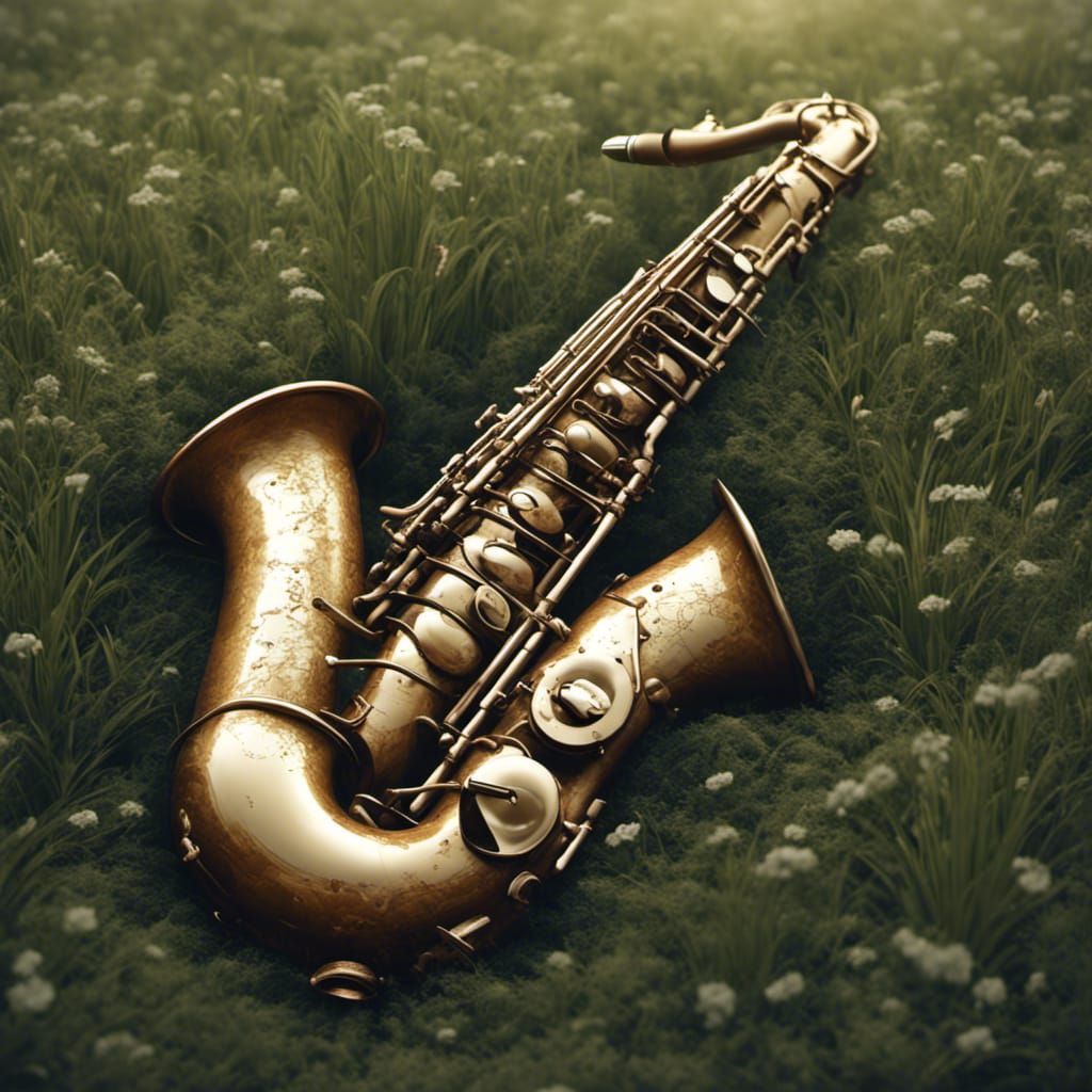 Hyperrealistic Saxophone Amidst Nature's Growth