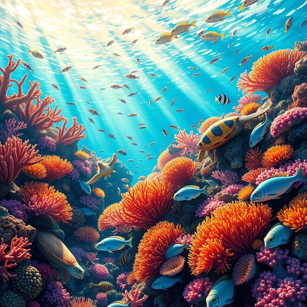 Vibrant Underwater Cityscape in Hyperrealistic Style