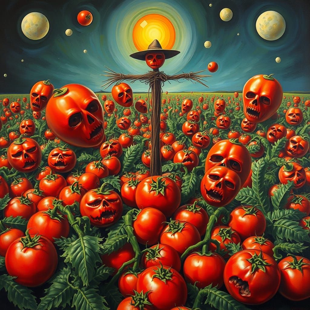 Surreal Tomato Field with Sentient Fruit in Dalí Style