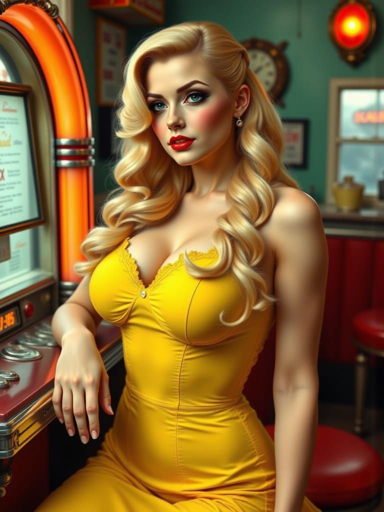 Blonde in Yellow Dress in Diner, Pin-Up Style