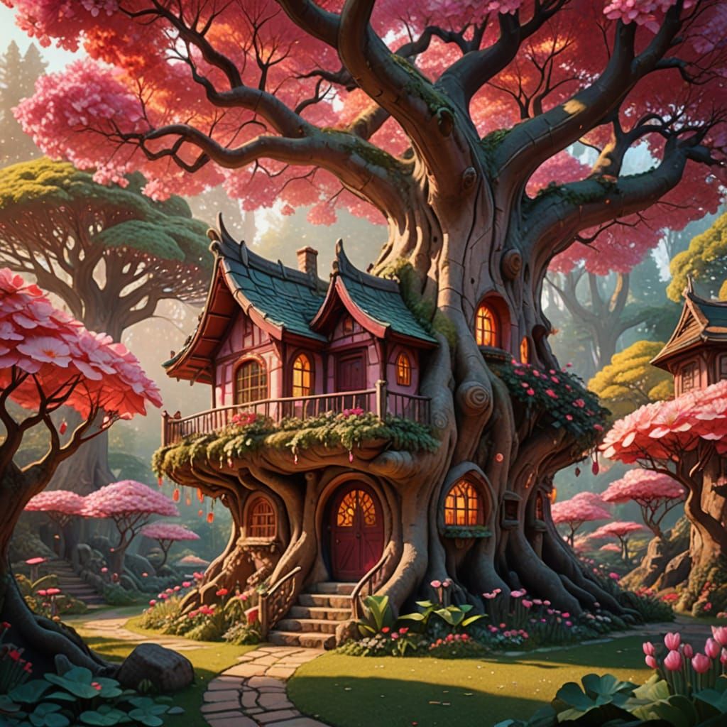 Enchanted Treehouse in Vibrant Fantasy World