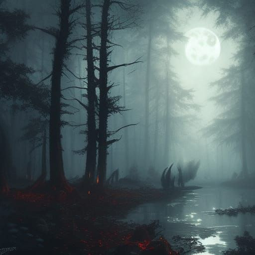 Gothic Wolf in Dark Forest, Hyperdetailed Art