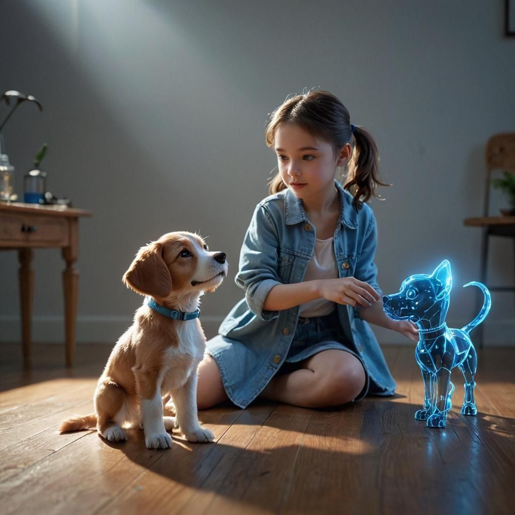 Enchanting Dream Girl Plays with Ethereal Hologram Dog