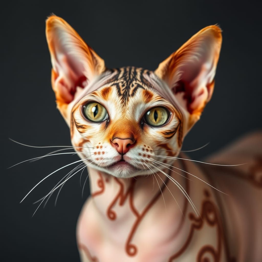 hairless cat covered in henna