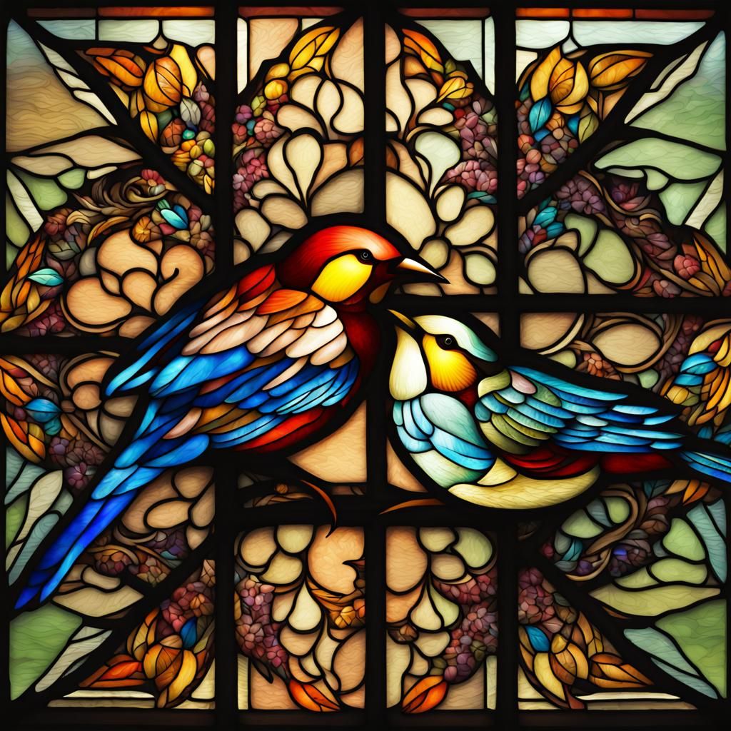 Colorful Birds in Stained Glass Window