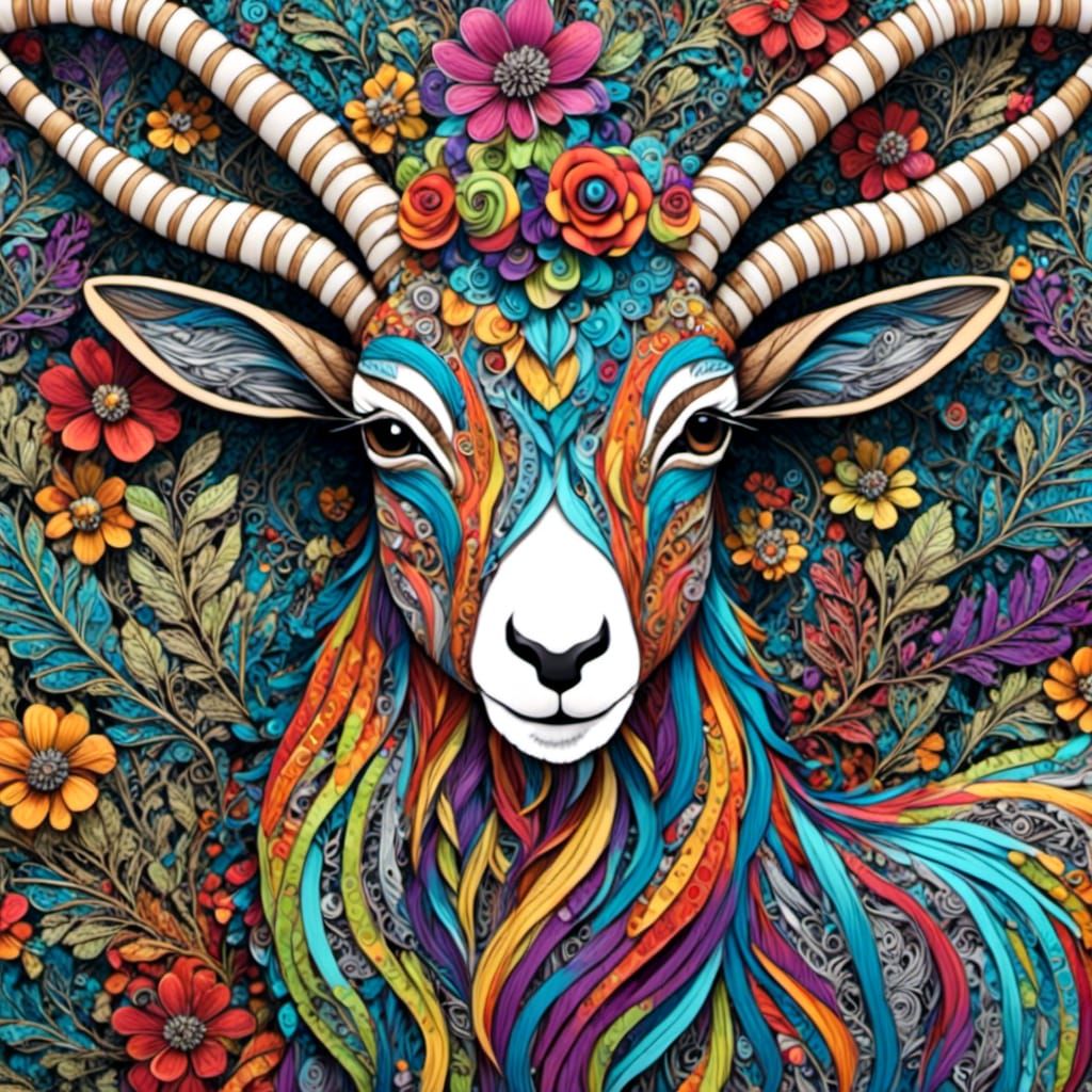 Rainbow Zentangle Goat in Detailed 3D Woods