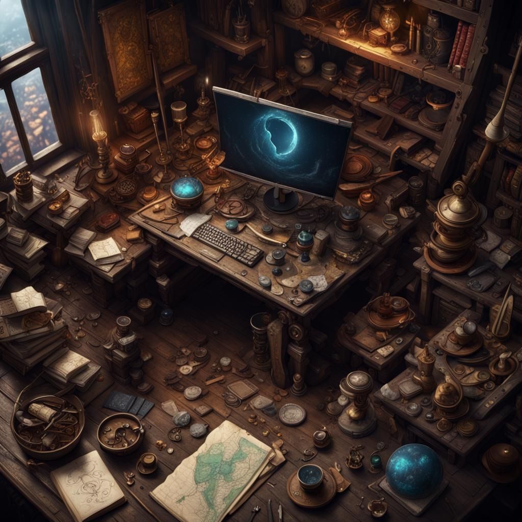 Messy Wizard's Desk in Detailed Matte Painting Style