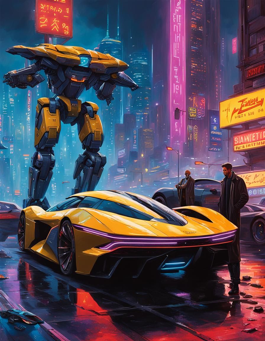 Robot and Hypercar in Cyberpunk Cityscape