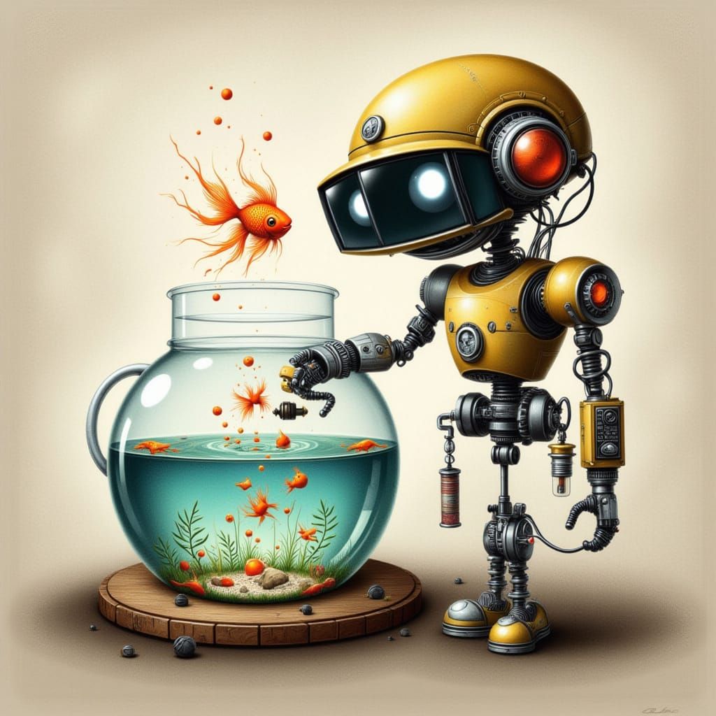 Cute Robot Holding a Fishbowl