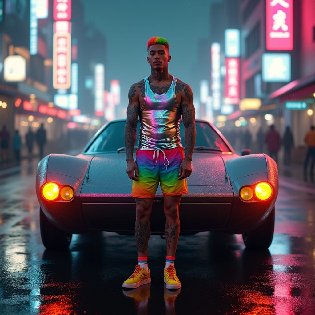 Cyberpunk Rainbow Warrior in Neon Cityscape