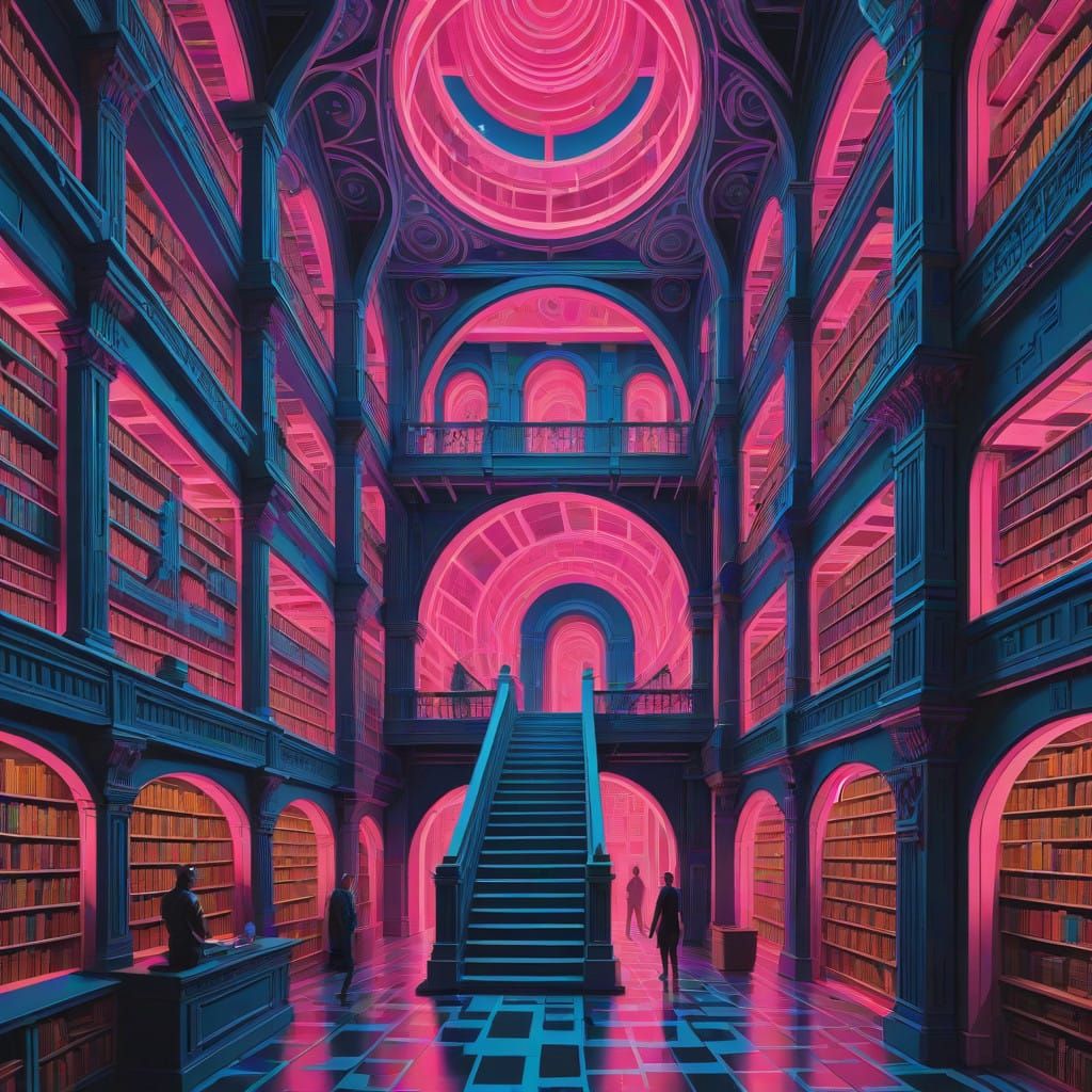 Retro Futuristic Library in Neon Hues