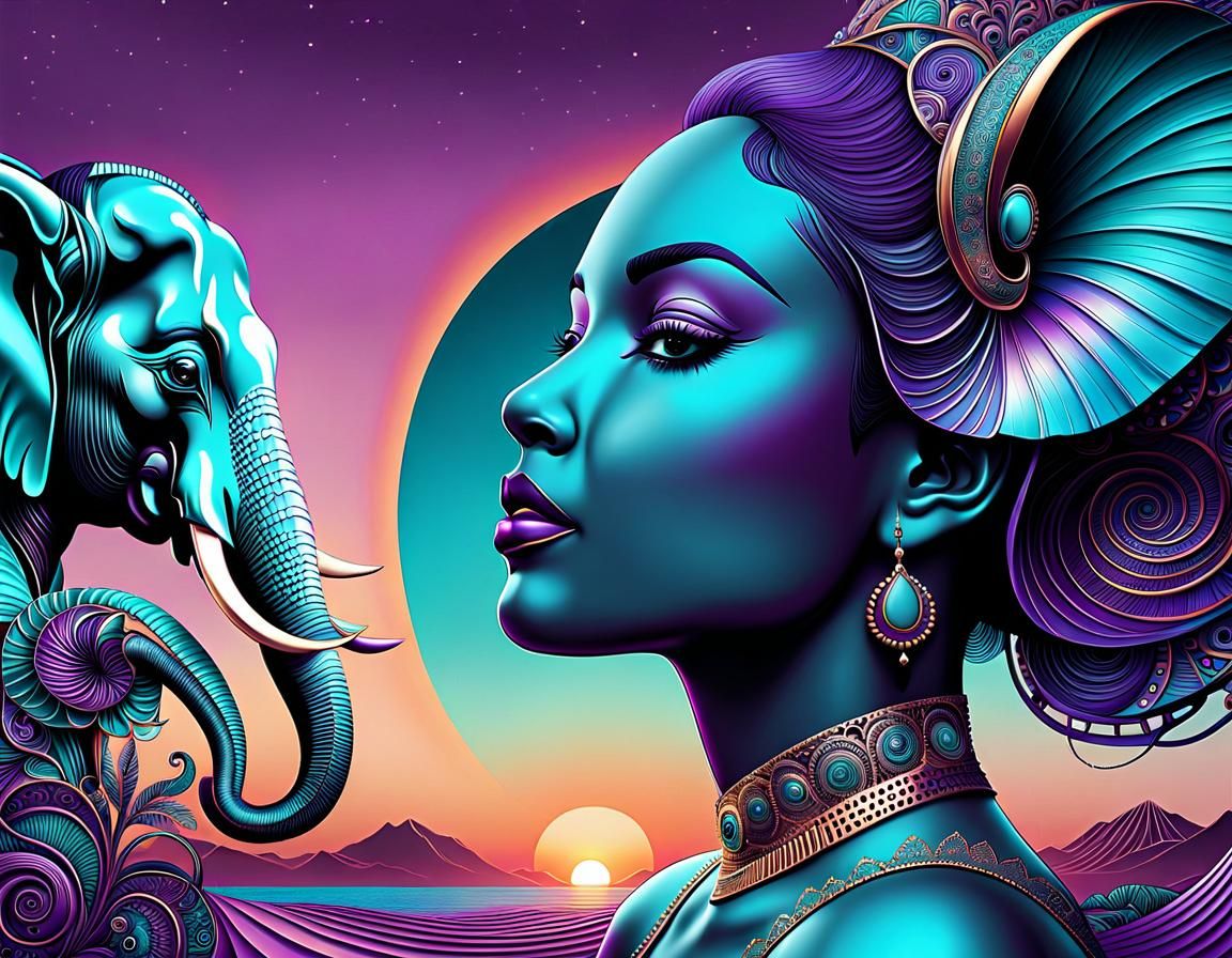 Woman and Elephant Head in Metallic Sunset